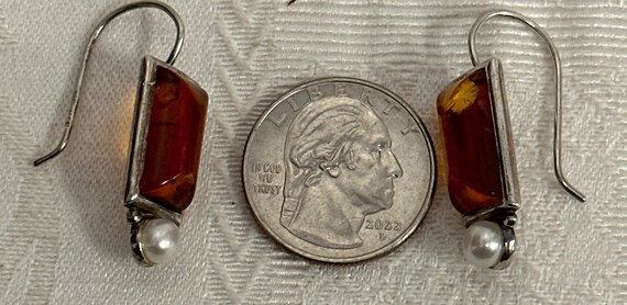 Vintage Amber and Pearl Silver Pair Earrings Balt… - image 10