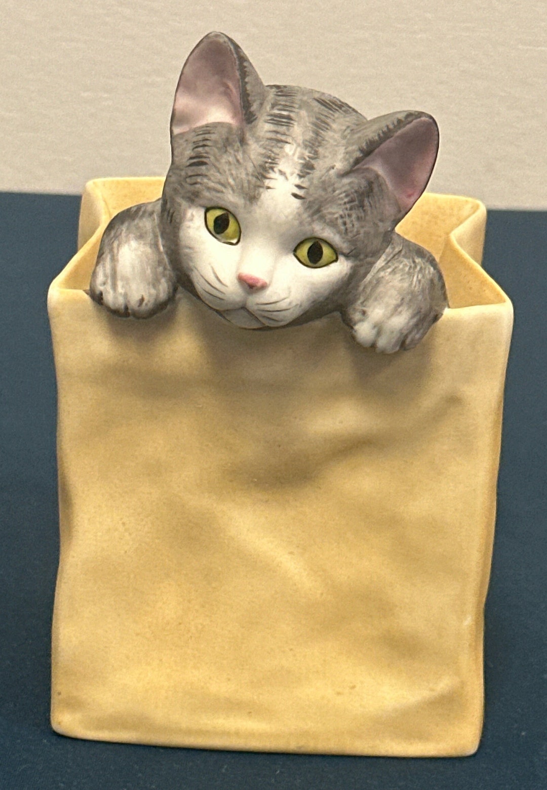 Vintage Kitten Cat in Paper Bag Music Box by Mann Japan Peeking Jumping