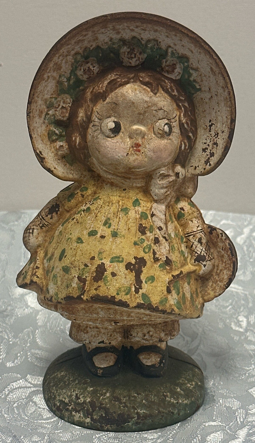 Antique Dolly Dimple Cast Iron Coin Bank Little Girl Hat Bonnet Basket ...