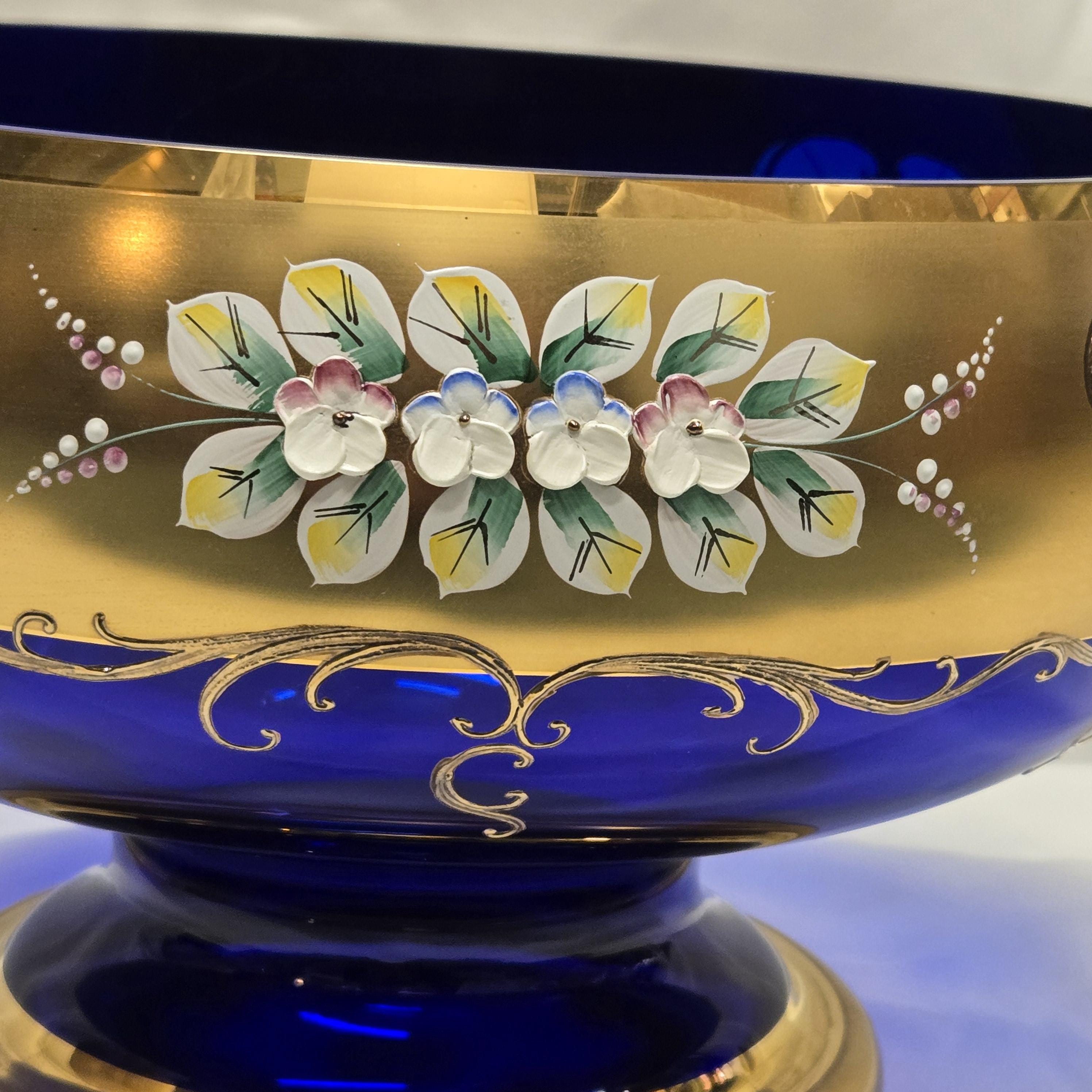 Vintage Bohemia Czech Cobalt Blue Glass Pedestal Compote Bowl
