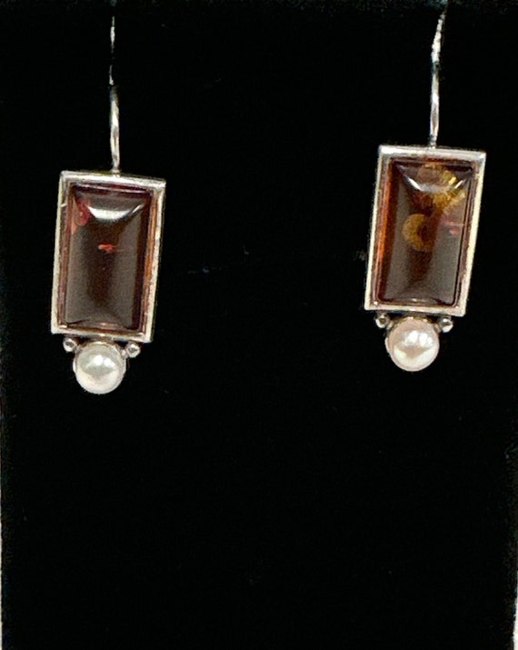 Vintage Amber and Pearl Silver Pair Earrings Balt… - image 1