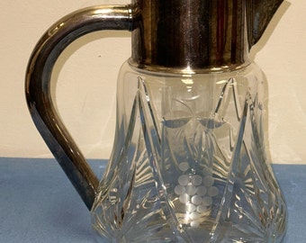 1940s 50s Crystal German Pitcher With Silver Top And Handle Glass Tube Insert for ice