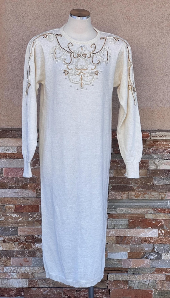 white and gold sweater dress Vintage 80s Cream Sequin Collar, Pearls Padded Shoulders - Size M luxury_wear