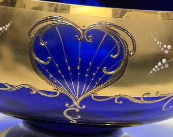 Vintage Bohemia Czech Cobalt Blue Glass Pedestal Compote Bowl