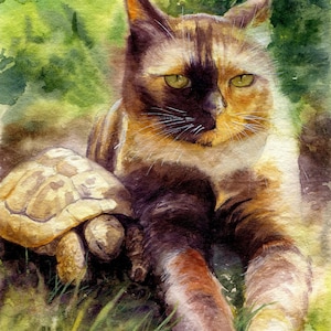 Lucky cat and turtle, animal portraits in watercolor 15 x 22 cm, give art, illustration and help