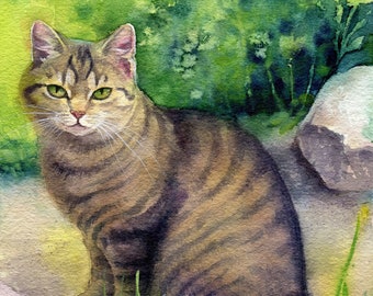 lindo gato tigre en la hierba, retrato de animal en acuarela 15 x 22 cm, acuarela original, imagen de gato, arte, dar y ayudar, protección animal