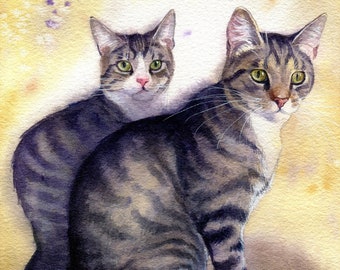 dos lindos gatos tigre, retrato de animal en acuarela 15 x 22 cm, acuarela original, imagen de gato, arte, dar y ayudar, protección animal