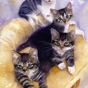 süße Katzenfamilie, Tierportrait in Aquarell 15x22 cm, Original Aquarell, Katzenbild, Kunst, schenken & helfen, Tierschutz