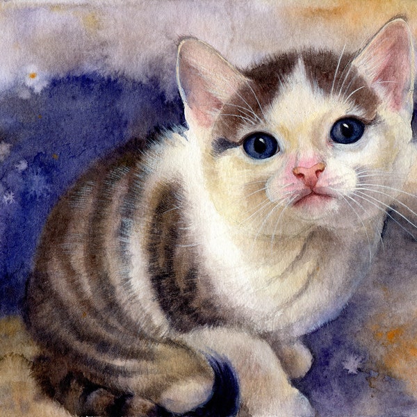 kleines Kätzchen mit blauen Augen, Tierportrait in Aquarell 15x22 cm, Original Aquarell, Katzenbild, Kunst, schenken & helfen