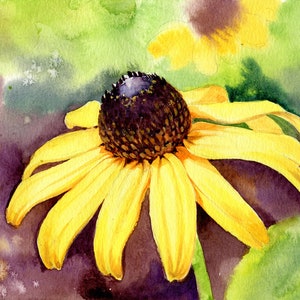 Acquerello ORIGINALE "Rudbeckie dai capelli ruvidi", fiore realistico dipinto a mano, illustrazione botanica in acquerello 19,5 x 14,8 cm