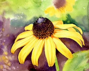 ORIGINAL watercolor &quot;Rough-haired Rudbeckie&quot;, realistic flower handpainted, botanical illustration in watercolor 19.5 x 14.8 cm