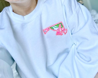 Preppy Embroidered State Pride Sweatshirt Pullover - Colorful Monogram Sweatshirts - School College Fall Style - Custom Summer Sweatshirt