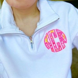 Preppy Embroidered Monogrammed Quarter Zip Pullover - Colorful Monogram Sweatshirts - School College Fall Style - Custom Summer Sweatshirt -