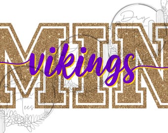 May include: A gold glitter design with the letters "MN" in a block font, with the word "Vikings" in purple script across the center. The design is likely for apparel or fan merchandise.