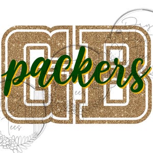 May include: A glittery gold and white graphic with the word "Packers" in green and yellow script. The word is superimposed on a gold glitter "09" design. The background includes line drawings of cacti and other desert plants.
