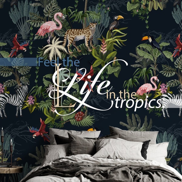 Dark Tropical and Animals Wallpaper, Seamless Tropical Pattern Wallpaper, Dark Tropical Wallpaper, Flamingo, Tiger, Zebra, Parrot, Snake