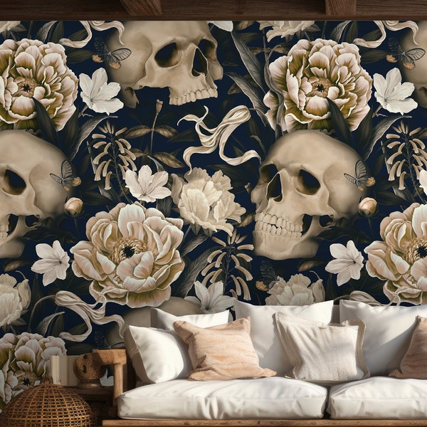 Skull and Peony Wallpaper, Dark Botanical Wallpaper, Flower Wall Mural, Tropical Wallpaper, Peel and Stick Wallpaper, Halloween Wallpaper,