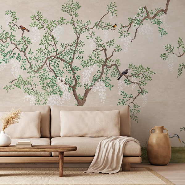 Flowering tree in the Japanese garden with birds, Chinoiserie Wallpaper, Asian Art Wallpaper, Chinese Mural, Tree Wallpaper,