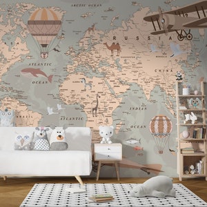 Kids World Map with Animals, Kids Wallpaper, Balloons and Airplanes for Wallpaper, Custom Design Wallpaper, Kids World Map Wallpaper,