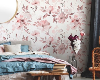 Rosa Blumentapete, Blütentapete, Vintage Blumen, Neutrales Blumen Wandbild, selbstklebend, Farbe kundenspezifisch, rosa Wandbild,