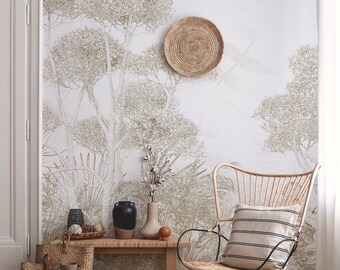 Hand Drawn Forest Wallpaper, Forest Wallpaper, Neutral Wallpaper, Peel and Stick Wallpaper, Vintage Forest Wallpaper, Livingroom Wallpaper,