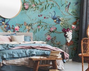 Peacock and Peony Wallpaper, Chinoiserie Wallpaper, Japanese Wallpaper Mural, Peacock Wallpaper,  Peonies Wall, Peel and Stick Wallpaper,