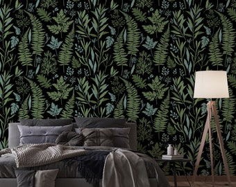 Dark Botanical Wallpaper, Peel and Stick Wallpaper, Fern, Botanical Plants Wall Mural, Floral Temporary, Leaves Wallpaper, Removable