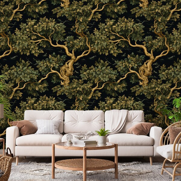 Dark Botanical Wallpaper, Dark Botanical Wall Mural, Forest Wallpaper, Tree Wallpaper, Peel and Stick Wallpaper