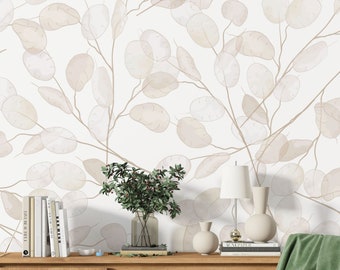 Neutrale Boho-Blumentapete, Tapete in sanften Farbtönen, selbstklebend abnehmbar, minimalistisches Wandbild, abziehen und aufkleben,