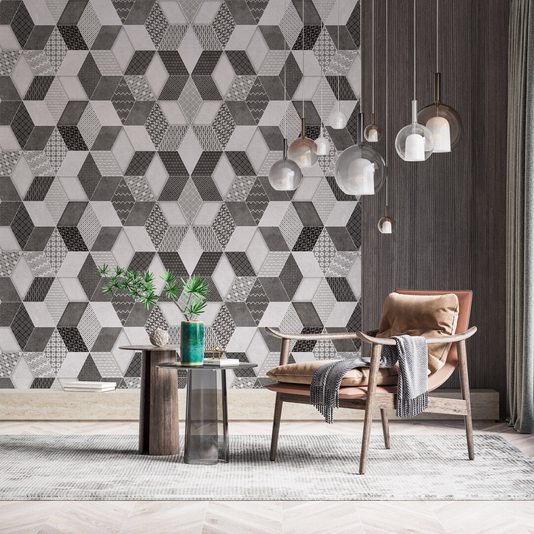 Gray Geometric Wallpaper Geometric Wall Decor Modern Etsy