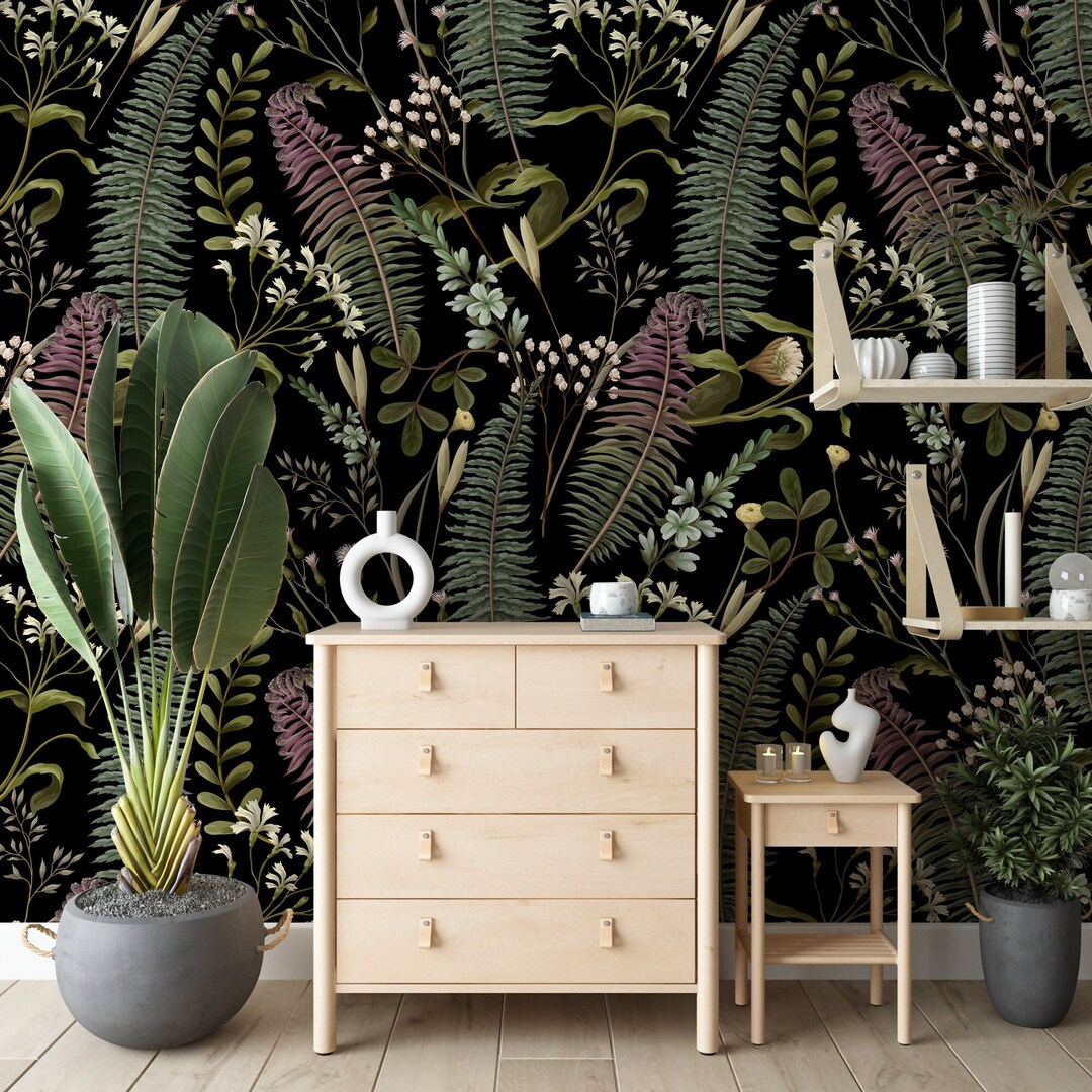 Dark Tropical Wallpaper Dark Botanical Wall Mural Fern - Etsy