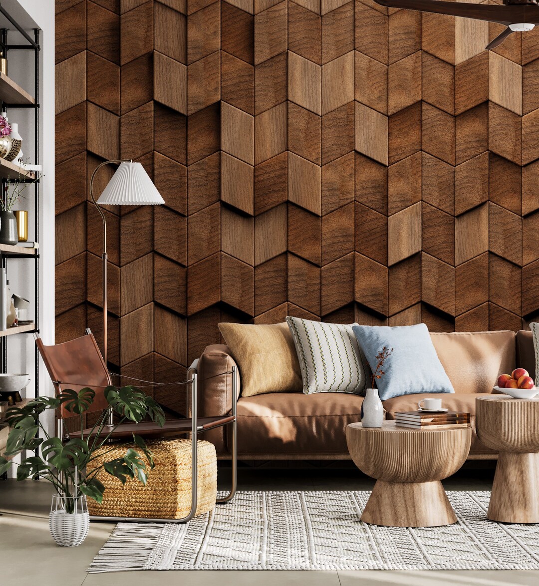 Wood Geometric Wallpaper, Wood Decor Wallpaper, Modern Wallpaper, Peel