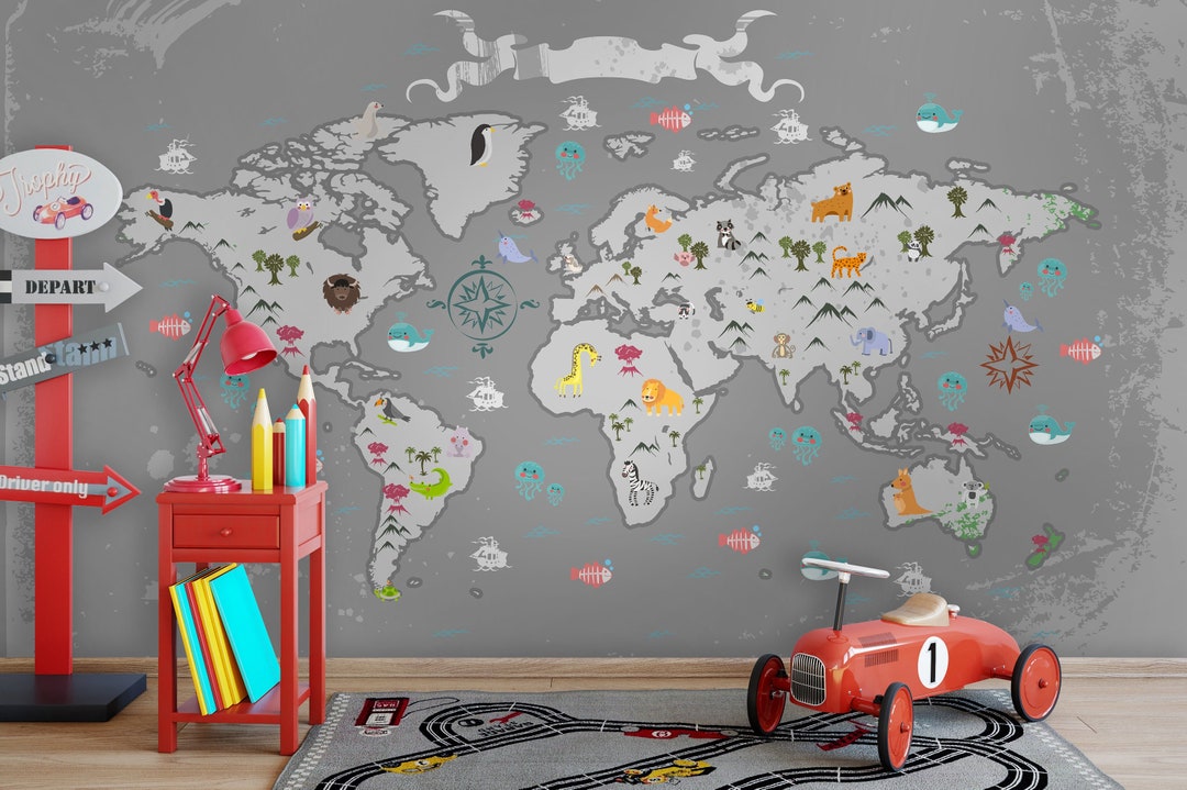 Kids World Map Wallpaper Nursery World Map Wallpaper Kids Etsy