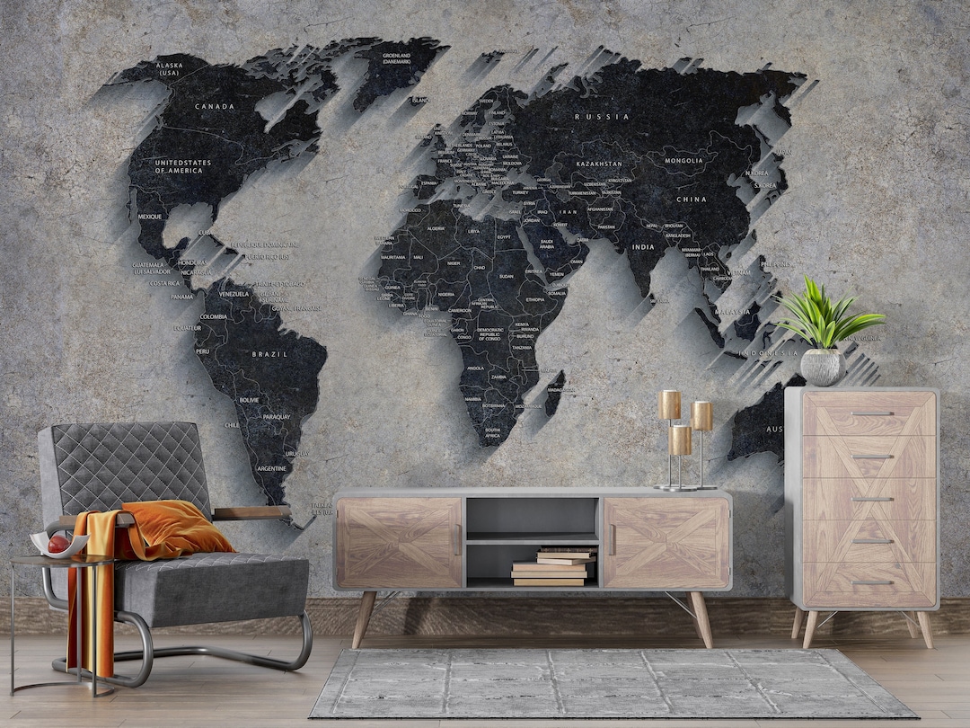 World Map Wallpaper Wood Look Wallpaper Map Wallpaper Etsy