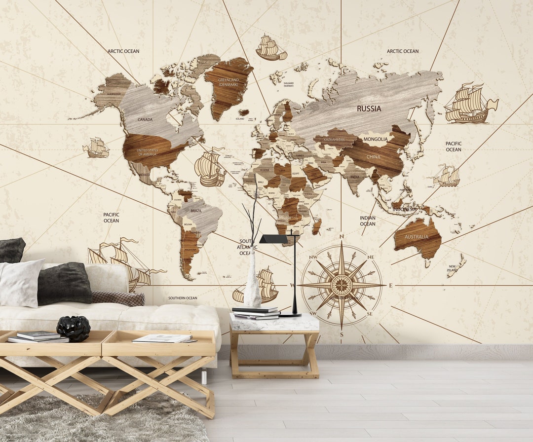 World Map Wallpaper Wood Look Wallpaper Map Wallpaper Etsy