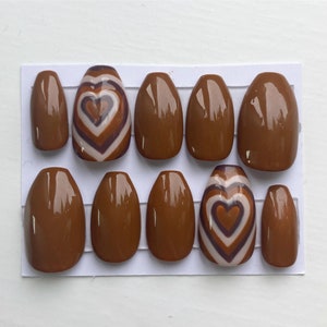 Brown hearts | press on gel custom nails