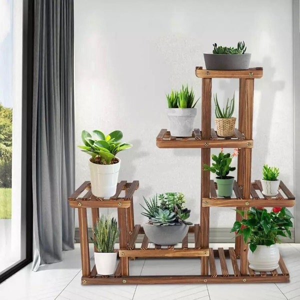 Top-Rated | 6-Tier Plant Stand | Weather-Resistant Pine Wood Indoor/Outdoor Display Rack