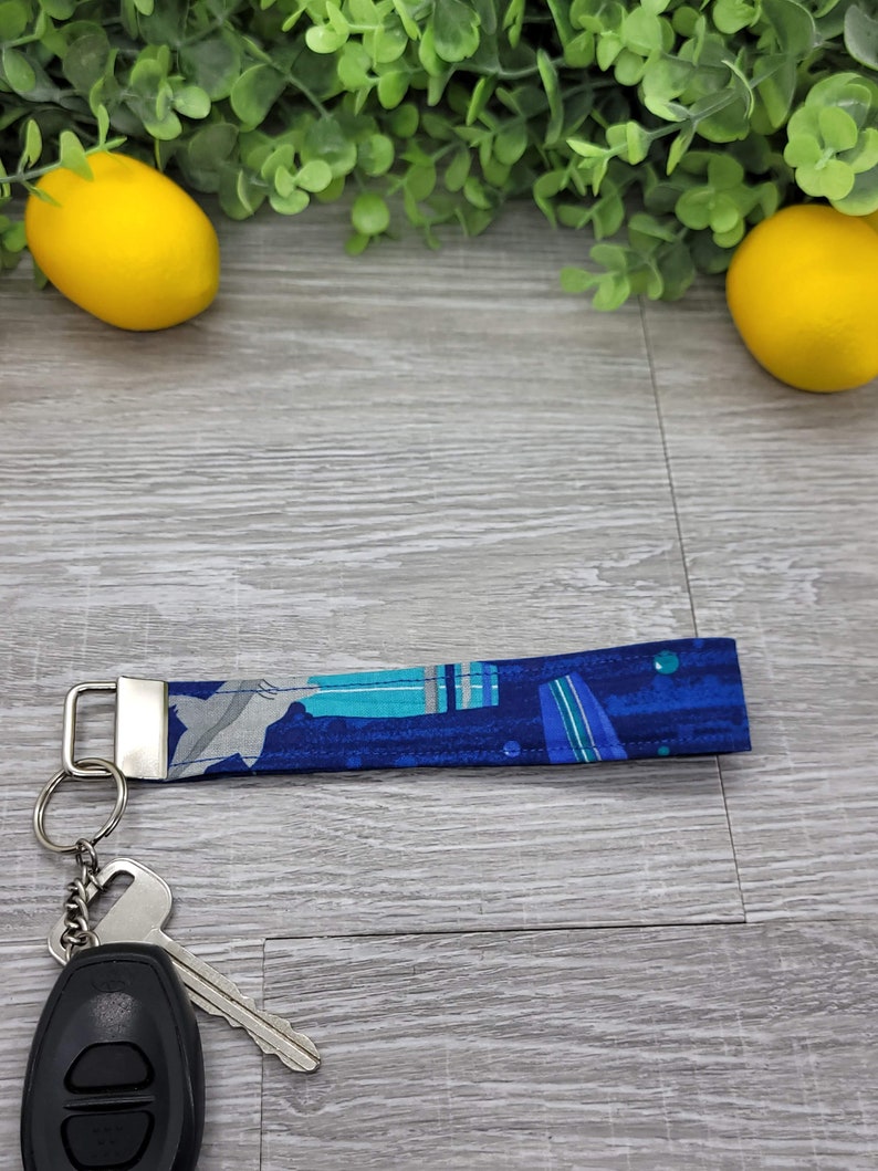 Ready to Ship Handmade Surfing Wristlet Ocean Shark Lanyard Unique Gift Shark Fabric Keychain Short Lanyard 6-Inch Key Fob Wristlet