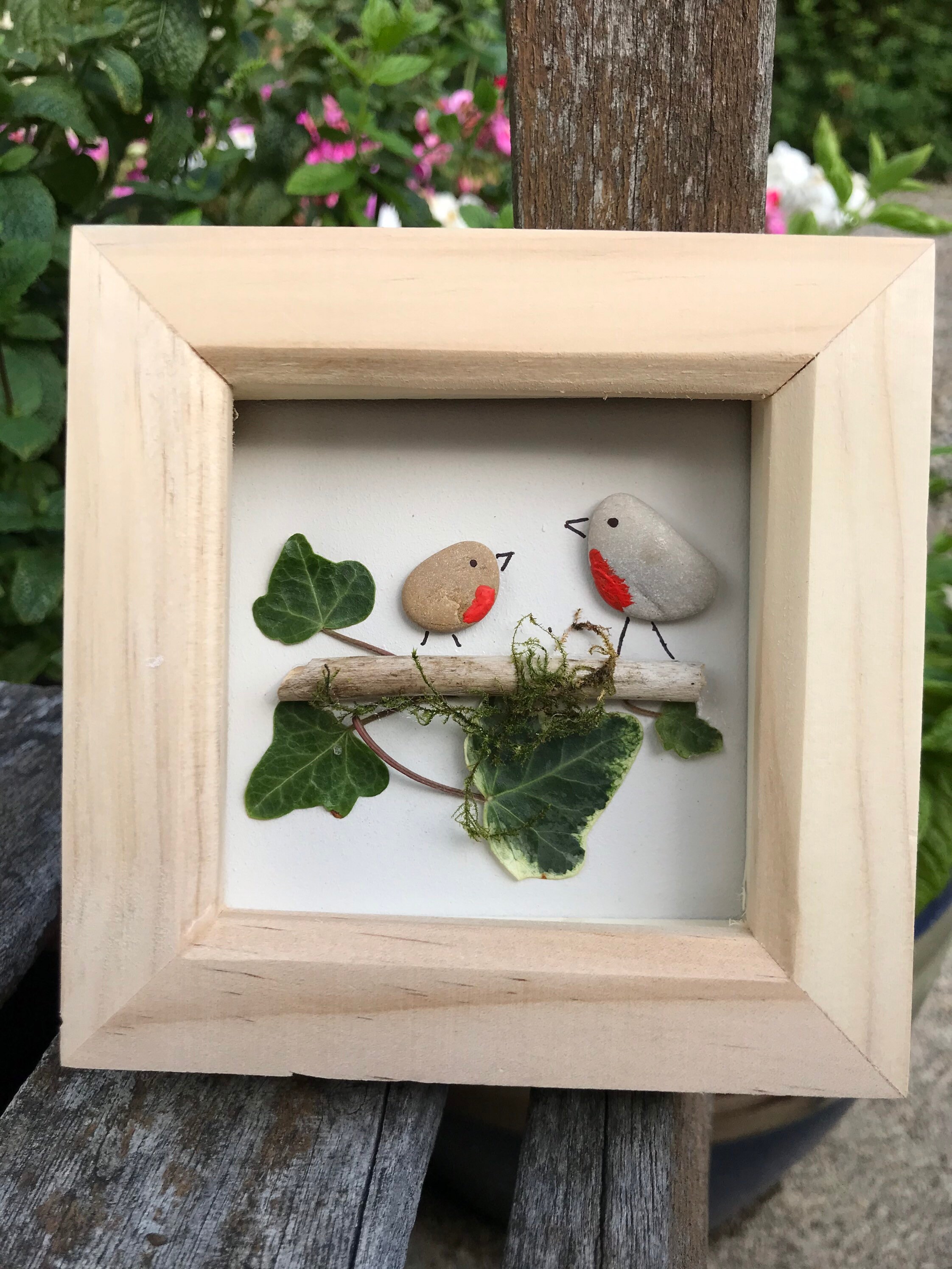 Robin Pebble Art in small frame. Etsy