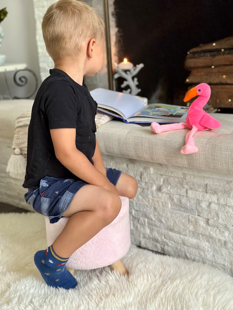 Puede incluir: Un juguete de flamenco de peluche rosa con pico naranja y patas largas est&aacute; cerca de un libro abierto. Un ni&ntilde;o peque&ntilde;o con una camisa negra, pantalones cortos de mezclilla y calcetines azules con un patr&oacute;n est&aacute; sentado en un taburete rosa.