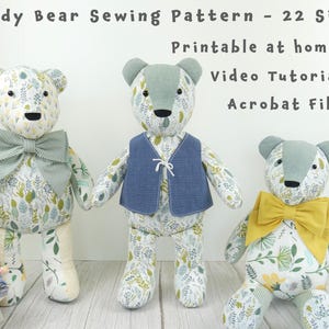 May include: Three stuffed teddy bears made from floral fabric with green, yellow, and blue patterns. The bears feature black eyes and noses. One wears a green striped bow tie, one a blue vest, and one a yellow bow tie. Text reads: Teddy Bear Sewing Pattern - 22 Sizes, Printable at home, Video Tutorial, Acrobat File.