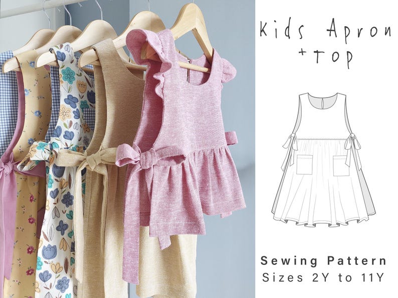 Förklädemönster och topp med sidoband, sömnadsmönster | Förkläde i japansk stil | Pinafore-klänning, enkelt sömnadsmönster för barn för nybörjare bild 1