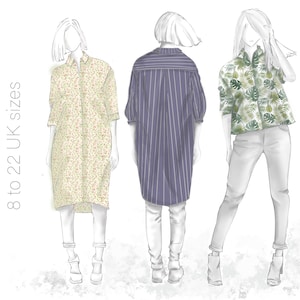 Shirt Dress Pattern | Boxy Shirt Sewing Pattern | Button Up Oversized Shirt  | PDF Sewing Pattern 8 sizes and 2 Styles