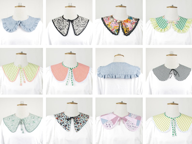 May include: A collection of 10 different fabric collars in various patterns and colors, including gingham, floral, and animal print. The collars are all attached to white shirts with ruffled edges.