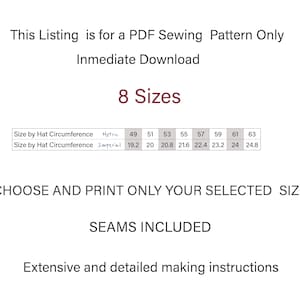 Pode incluir: Um padr&atilde;o de costura PDF para um chap&eacute;u, com 8 tamanhos que v&atilde;o de 49 cm a 63 cm de circunfer&ecirc;ncia. O padr&atilde;o inclui instru&ccedil;&otilde;es para fazer o chap&eacute;u.