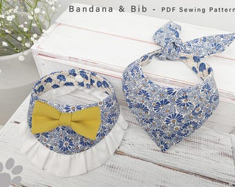 May include: Two pet bandanas and bibs with a floral pattern in blue and white. One bib has a yellow bow tie and white ruffle trim. The other is a triangular bandana. The text "Bandana & Bib - PDF Sewing Pattern" is at the top.
