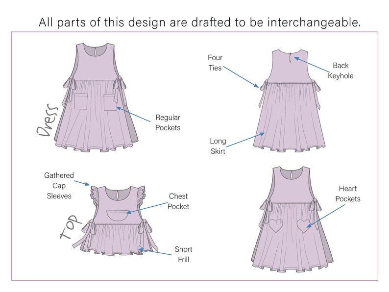 Förklädemönster och topp med sidoband, sömnadsmönster | Förkläde i japansk stil | Pinafore-klänning, enkelt sömnadsmönster för barn för nybörjare bild 4
