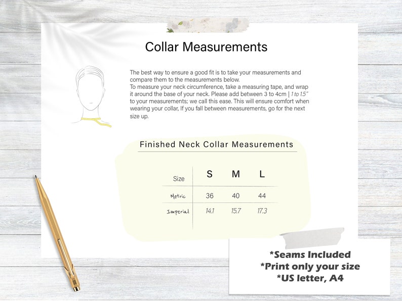May include: A chart with instructions on how to measure your neck for a collar. The chart includes measurements in inches and centimeters for small, medium, and large sizes. The text also states that seams are included and to print only your size on US letter paper.
