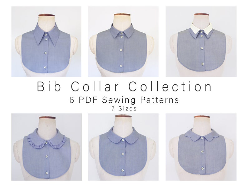 K&ouml;nnte beinhalten: Eine Sammlung von sechs verschiedenen N&auml;hmustern f&uuml;r Sch&uuml;rzenkragen. Die Kragen werden auf Schneiderpuppen gezeigt und sind alle hellblau. Der Text "Bib Collar Collection 6 PDF Sewing Patterns 7 Sizes" wird unter den Kragen angezeigt.