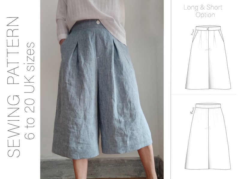 May include: A sewing pattern for a pair of culottes or a skirt. The pattern includes instructions for both a long and short version. The pattern is available in sizes 6 to 20 UK.